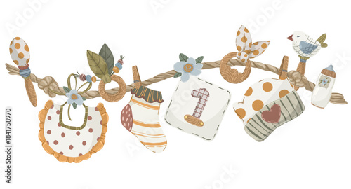Baby accessories toys and clothes on rope garland, hand drawn vector illustration of newborn baby accessories hanging on string for baby birth cards and announcements.