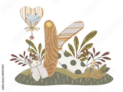 Letter composition, hand drawn vector illustration with abstract alphabet symbol, flowers and children's accessories for personalized decor and nursery design.