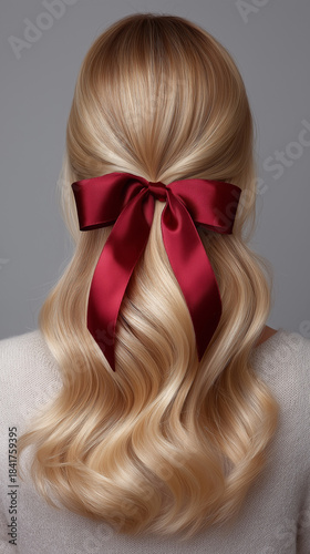 Blonde gewellte Haare mit roter Samtschleife im eleganten Halbzopf