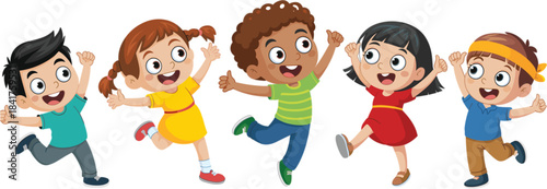 Cartoon children jumping happily illustration, joyful expressions, playful energy, colorful outfits, cheerful pose, childhood fun, smiling faces, vector graphic