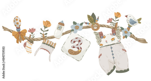 Baby accessories toys and clothes on rope garland, hand drawn vector illustration of newborn baby accessories hanging on string for baby birth cards and announcements.