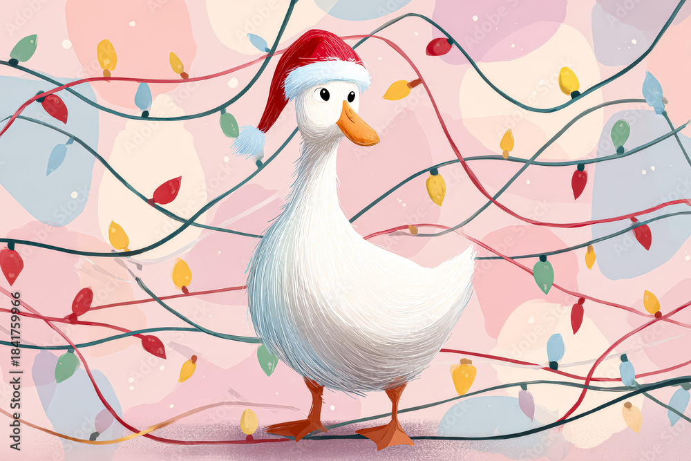 Fototapeta premium Festive Goose in Santa Hat Amidst Christmas Lights