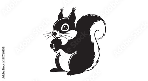 Playful cartoon squirrel clutching a nut in a black and white illustration.