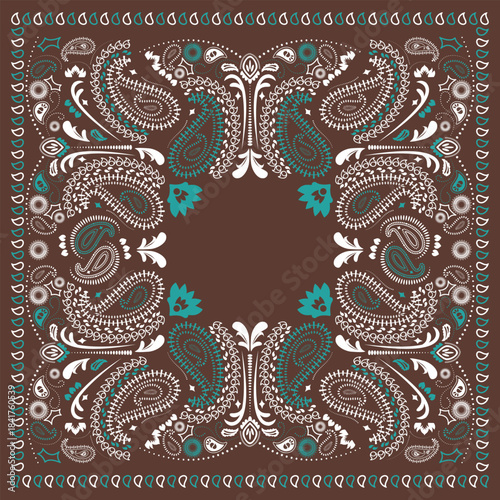 Western bandana with paisley pattern. Floral design for scarves, fabric, and textile backgrounds. retro bandanna print in brown and blue tones, featuring ethnic ornaments and abstract swirls.