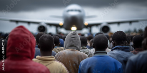 Migranten warten auf Abschiebung am Flughafen vor Abschiebeflieger