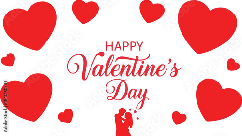 Happy valentines day greeting with red hearts and elegant calligraphy script