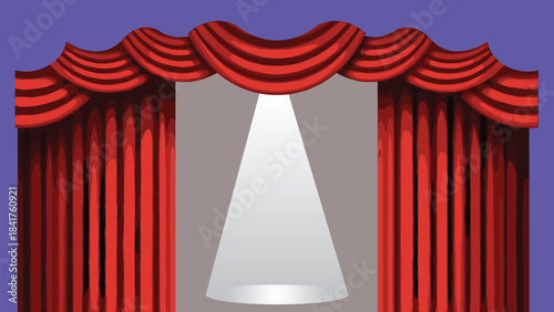 Red Velvet Theatre Stage with Open Curtains and Bright Spotlight, Vector Illustration for Performance, Presentation, Drama, Awards, and Show Promotion Background Design