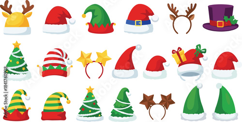 Set of Cartoon Christmas Hats and Headbands Vector Collection, Santa, Elf, Reindeer Antlers, and Tree Designs, Festive Holiday Costumes for Celebration, Winter, and New Year