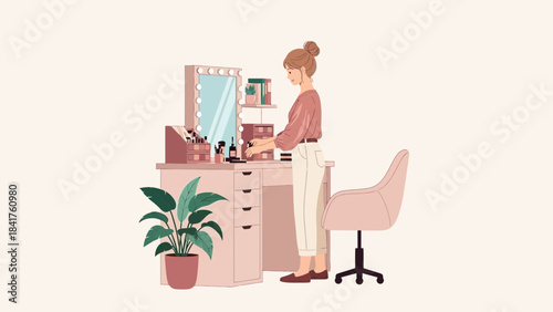 Woman at vanity table getting ready using makeup cosmetics for her daily lifestyle
