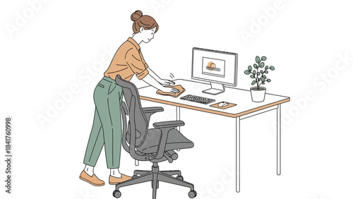Woman Cleaning Office Desk and Computer with Plant Vector Illustration