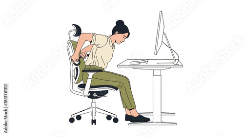 Woman Stretching While Seated At Desk Workstation: A Health and Wellness Concept