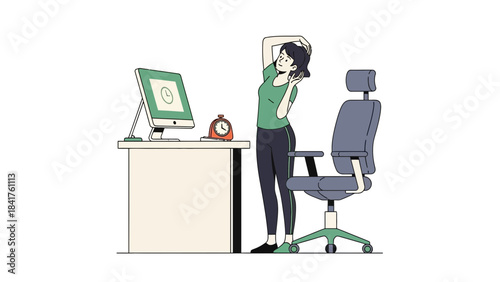Woman Stretching Near Desk With Computer and Clock Represents Breaks and Productivity