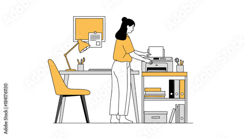 Woman using a printer in an office illustration with desk, chair, and shelf with documents