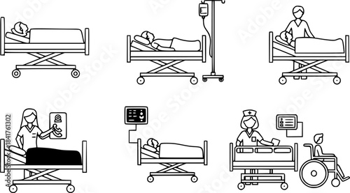 Hospital Bed Icons: Medical Equipment and Patient Care Illustrations
