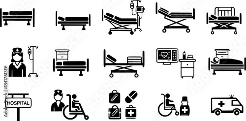 Hospital Bed Icons: Medical Equipment and Patient Care Illustrations
