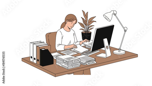 Woman working at her desk, using a computer and paper documents in an office environment