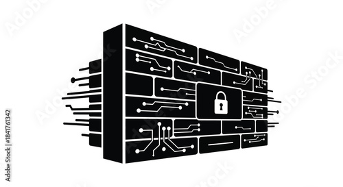 A digital fortress rendered in a striking black design with integrated circuitry a security lock silhouette