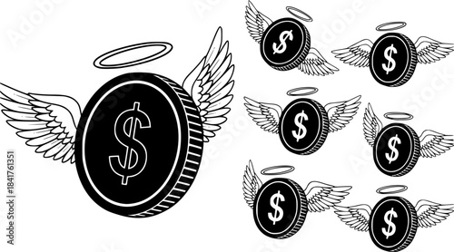 Angelic Dollar Coin Icons with Wings and Halos
