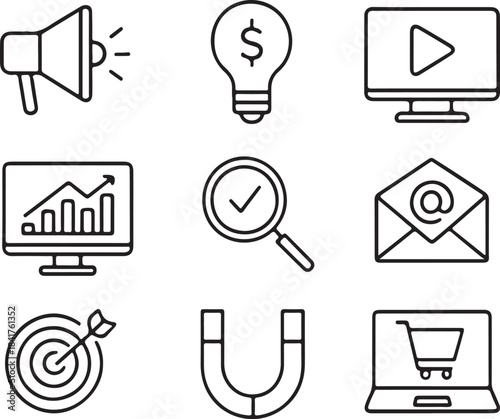  Digital marketing, SEO, and business advertising line icons set.