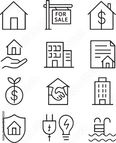 Real estate, property sale, and housing investment line icons set