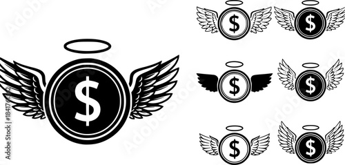 Angelic Dollar Coin Icons with Wings and Halos
