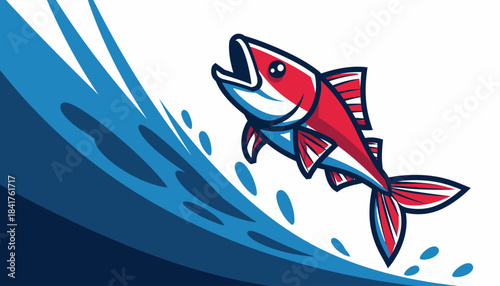 Red Fish Leaping Out of Blue Water Wave Illustration - Dynamic Aquatic Scene