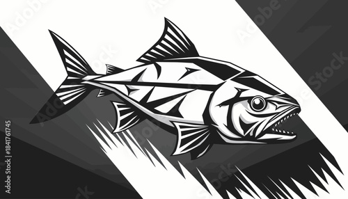 Aggressive Fish Illustration - A Fierce Marine Creature in Dynamic Black and White