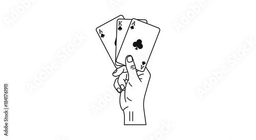 a hand holding playing cards depicted in a stark black and white line drawing silhouette