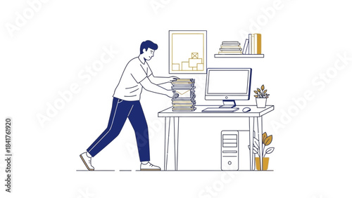 A man organizing documents at his office desk, paperwork, and office work illustrations