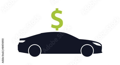 A dark car silhouette with a prominent dollar sign above symbolizing automotive costs and finance