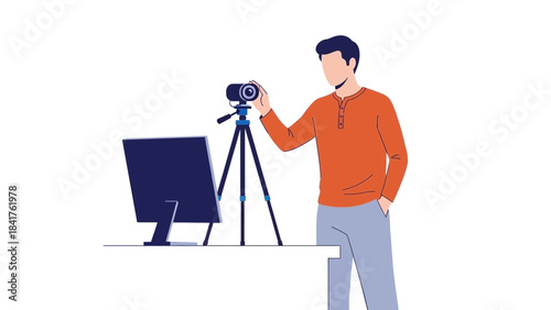 A Person Setting Up a Camera for Recording or Online Streaming Illustration Design