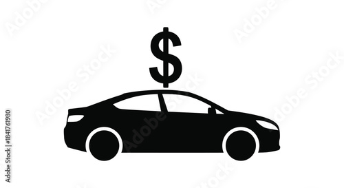 A sleek car with a dollar sign above it representing cost or financial investment silhouette
