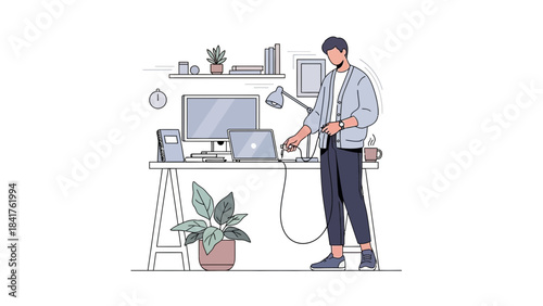 A person working at his desk with a computer and connecting the power cord