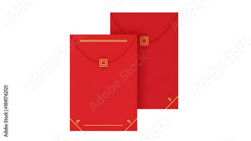 Two traditional red envelopes with gold details isolated on transparent background