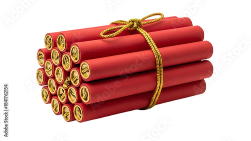 Stack of traditional red envelopes with gold emblems isolated on transparent background