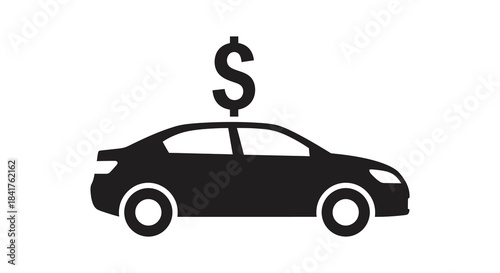 A sleek car with a dollar sign above it showcasing financial investment and automotive value silhouette