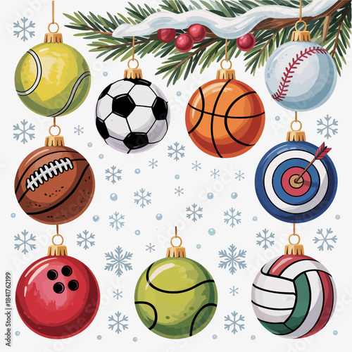 Various sports balls are depicted as Christmas ornaments hanging from a branch.