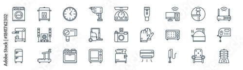 linear home appliance icon pack. vector thin line icons collection such as chair, rice cooker, clock, decoration, vaccum cleaner, mixer, toaster, receptacle