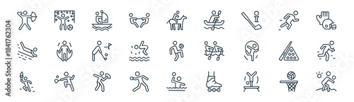 linear s icon pack. vector thin line icons collection such as basketball, football, sailing, sprinting, diving, relay race, water polo, volleyball