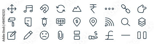 linear ui essential color icon pack. vector thin line icons collection such as minus, music, magnet, link, seo, layer, page, pause
