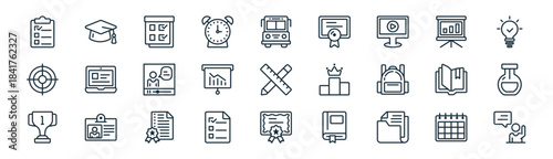 linear education icon pack. vector thin line icons collection such as calendar, graduation hat, schedule, presentation, presentation, science, certificate, mentee