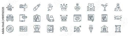linear wedding icon pack. vector thin line icons collection such as home, mailbox, champagne, cocktails, wedding rings, lips, marriage, wedding invitation