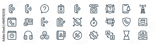 linear call center service icon pack. vector thin line icons collection such as hourglass, phone call, question, notification bell, notes, email, no phone, video call