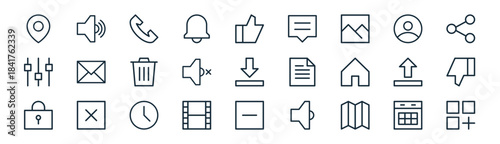 linear ui basic icon pack. vector thin line icons collection such as calendar, speaker, phone, user, speaker, dislike, minus, menu