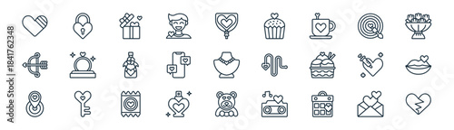 linear love icon pack. vector thin line icons collection such as love letter, padlock, gift, dart board, chat, kiss, teddy bear, broken heart