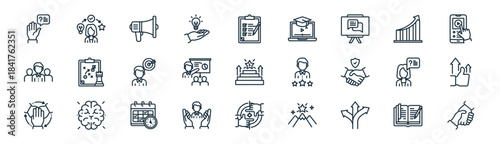 linear mentoring and training icon pack. vector thin line icons collection such as homework, experience, megaphone, growth, presentation, motivation, focus, support