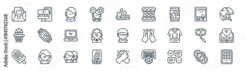 linear teenager icon pack. vector thin line icons collection such as sanitary napkin, computer, teenager, arcade, boyfriend, diary, bro, tablet