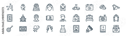 linear wedding icon pack. vector thin line icons collection such as bible, makeup, wedding, wedding, guests, decoration,