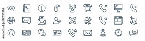 linear contact us icon pack. vector thin line icons collection such as clock, phone book, info, computer, add user, sticky notes, hours, chat