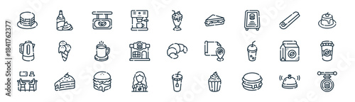 linear cafe icon pack. vector thin line icons collection such as bell, whipped cream, open, roll, store, coffee cup, tea cup, cafe